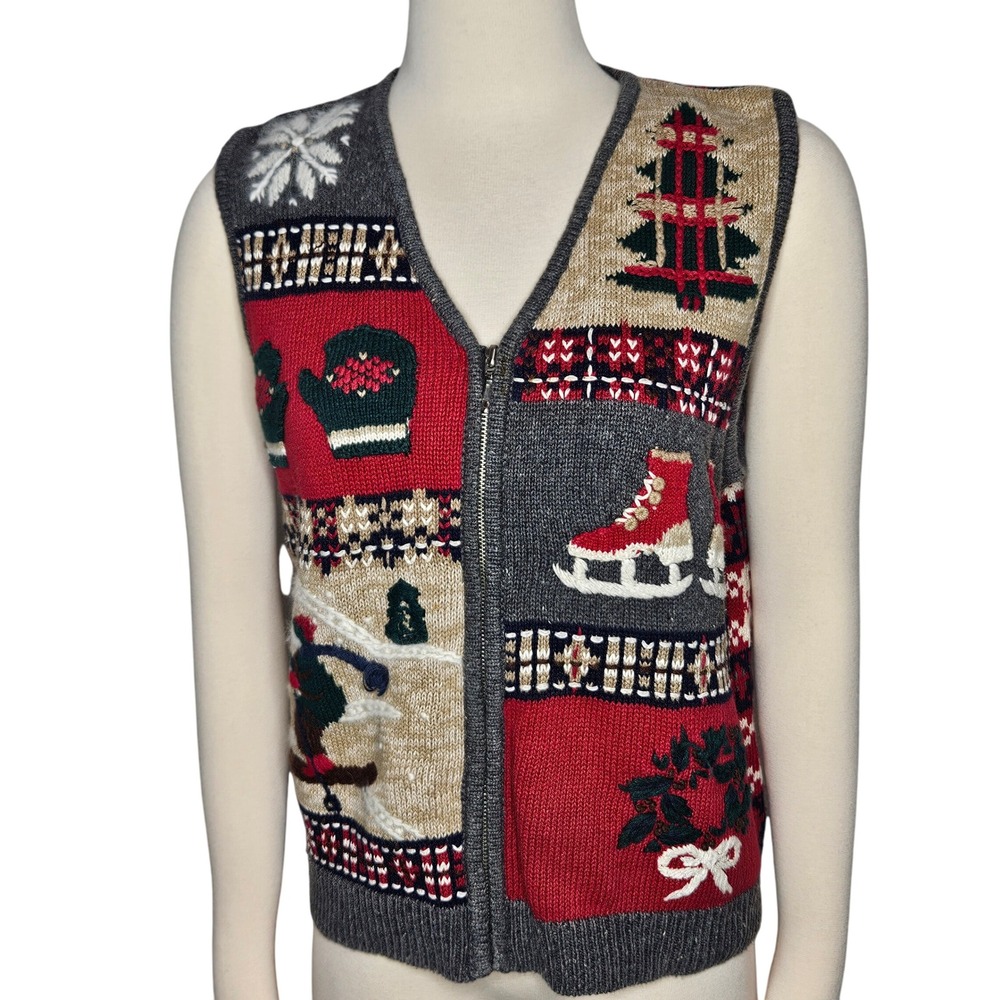 VTG North‎ Crest Christmas Sweater Vest Small Holiday Patchwork Knit Zip Front
